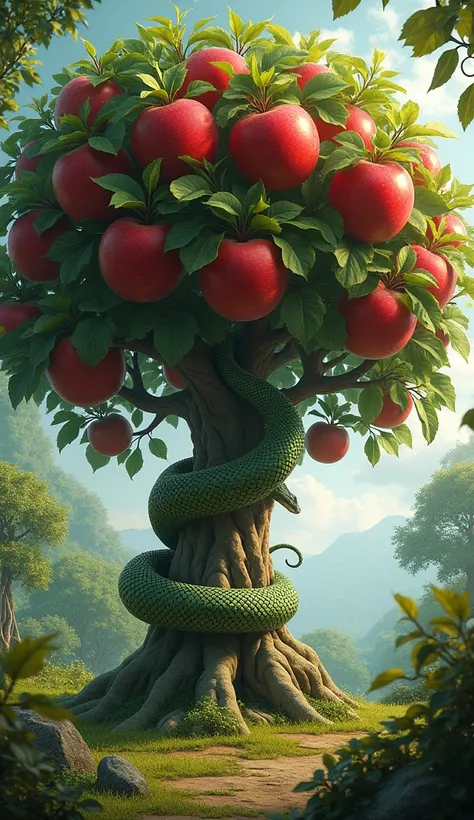 Create a realistic image in a paradise of a tree full of red apples and a snake wrapped around one of the apples 