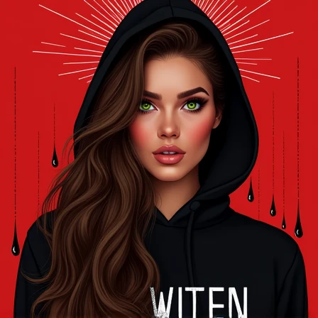 beautiful cuban woman,light skin,long brown wavy hair,green eyes,long eyelashes defined eyebrows standing with a black sweatshirt and a hood over his head. Above there is a halo drawn and black drops falling from above on a red background. The sweatshirt h...