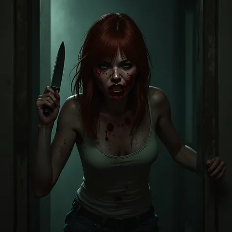 a scared woman with a dark face with bangs and red hair with her face covered in blood in a dark room with a knife in her hand in a scene of desperation and protection 