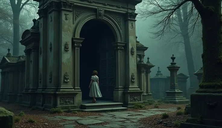 Among the graves, Anna found a mausoleum, its iron door partially ajar. She pushed it open and stepped inside.