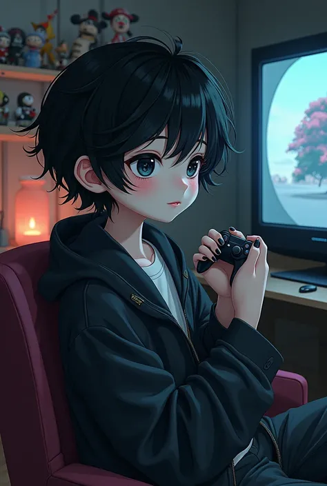 Emo style male anime character who looks like a doll who likes games and cartoons sitting in the room watching cartoons bramca skin black hair black eyes