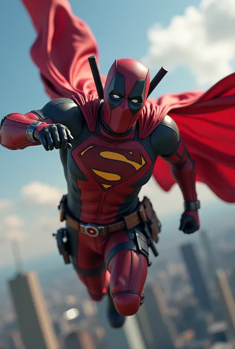 Create a fusion of Deadpool with Superman and make him fly  