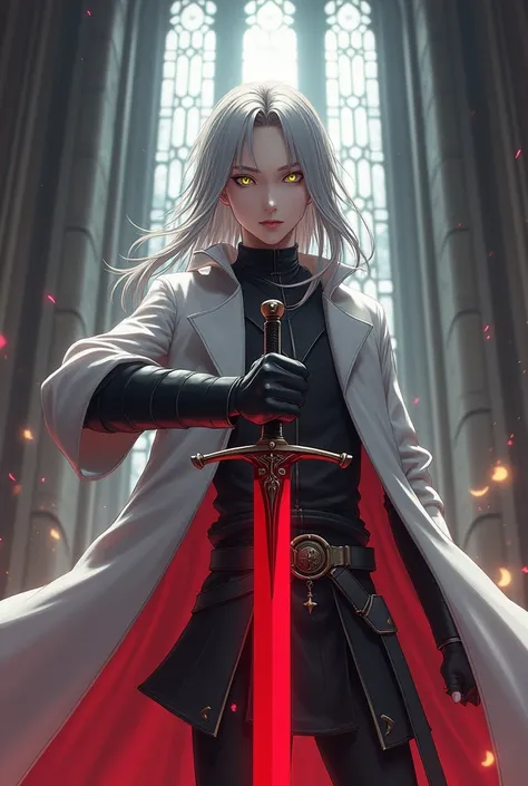 Vampire,MASCULINE,knight,eyes with yellow pupils,long gray hair,red sword with simple design in hand,poder de gravAge,estlo anime medieval,Age(1),adolescent,white overcoat.