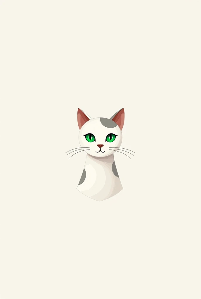 Create a logo for a chocolate company featuring a minimalist white cat with grey spots and green eyes