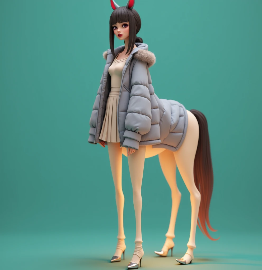 1Centaur Girl，4k ultra high definition,  British girl ,Wearing a very loose dark blue tight shiny down jacket, Thick eyebrows, Reality, masterpiece, Monco, Fluffy fur hood, , Straighten hair, Large Breasts, [Cardigan, School Uniform,Very tight white shirt,...