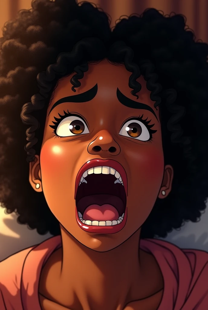 A close up shot of a beautiful blalck woman, screaming with her month wide open, afro hair, indoors, hard lighting shining on her life side of her face, cozy room, cartoon, intricate details, looking directly to the camera.