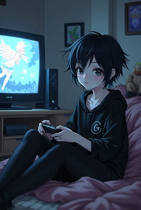 Emo style male anime character who looks like a doll who likes games and cartoons sitting in the room watching cartoons bramca skin black hair black eyes