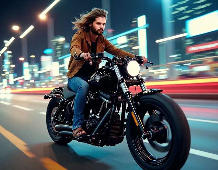  is on turning his motorcycle Harley Davidson Fat Bob motorcycle in sleek black highway of hi-tech and motorcycle Harley Davidson Fat Bob motorcycle in sleek black he is riding without hamlet, and his hair blown with wind , its seem speedy, he is wearing c...