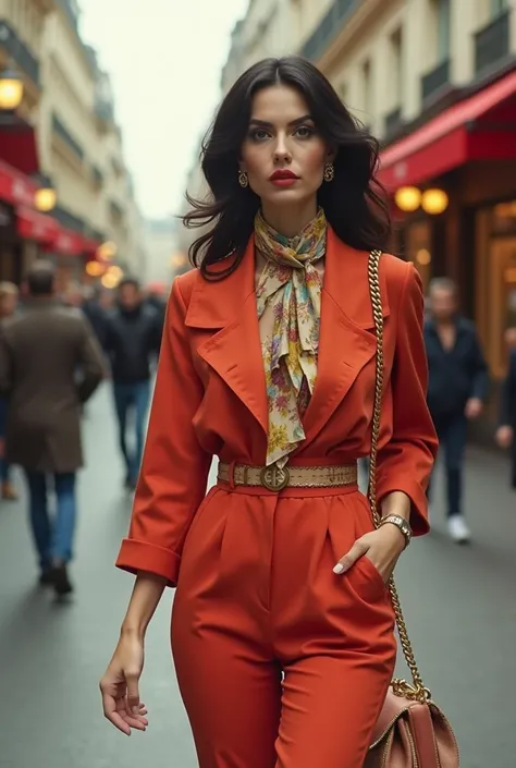 Belle femme brune dans la rue de paris avec un Look Vintage un style rétro des années 80, avec des vêtements colorés et des accessoires vintage. 