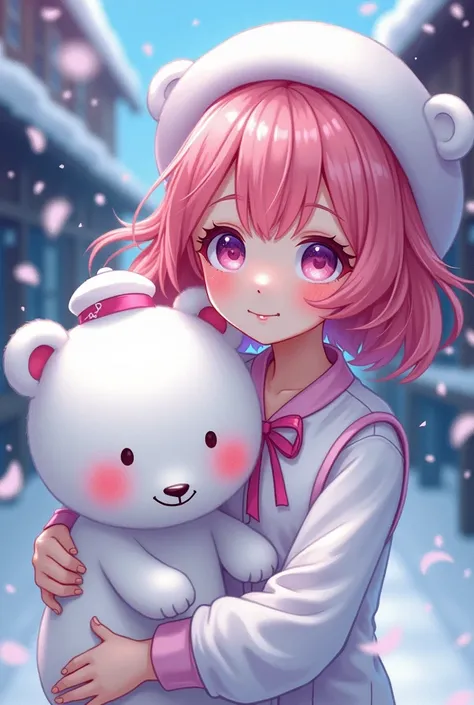 ai anime cyberpunk setting,  A girl with pigtails, White eared beret  , Girl in white one-piece with pink ribbon    , Pretty girl,하얀 bear , bear , Wearing a white beret on his head, cute,cute 소녀,cute 여자 , A drawing drawn with colored pencils, dye, Colorful...