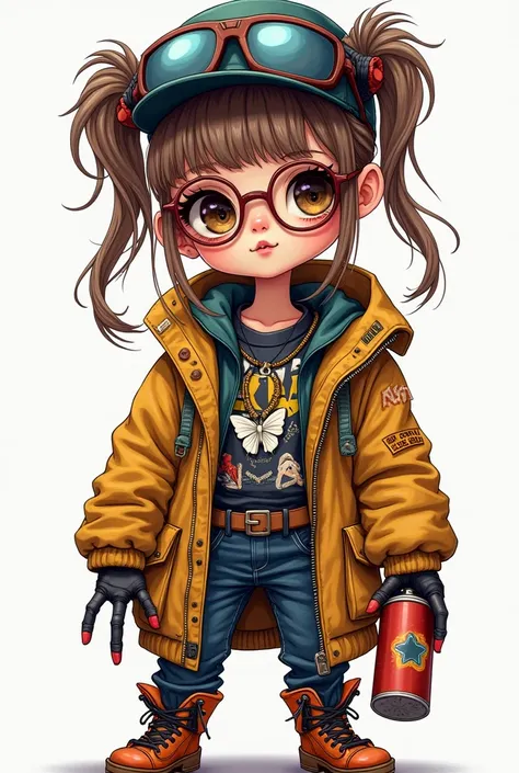 PAINTING ILLUSTRATION POSTER of a beautiful girl, FULL BODY, doll-like big-eyed glasses, steampunk, HIP HOP, eye-catching, punk compositions DRESSED IN HIP HOP, GRAFFITI ARTIST, SPRAY CAN IN HAND. in the style of colorful wood carvings, imaginary creatures...