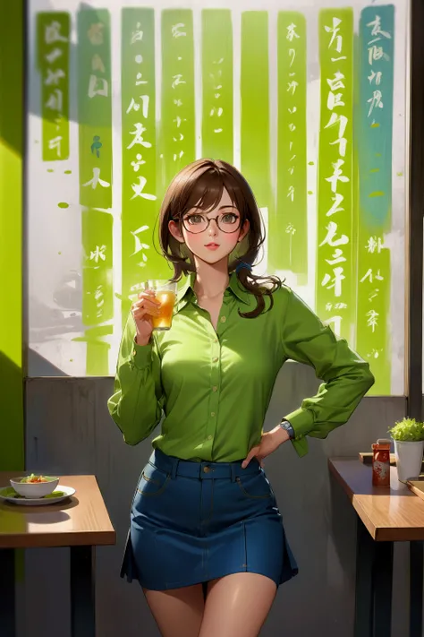 realistic anime illustration of pretty woman at Japanese restaurant, she is in brown hair (+eyeglasses), wears lime-green long sleeve collared shirt, blue gray denim pencil skirt, (1girl, solo, full body), (masterpiece, best quality, japanese anime style),...