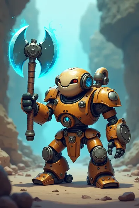 A cartoon, very short robot dwarf warrior holding a blue glowing axe