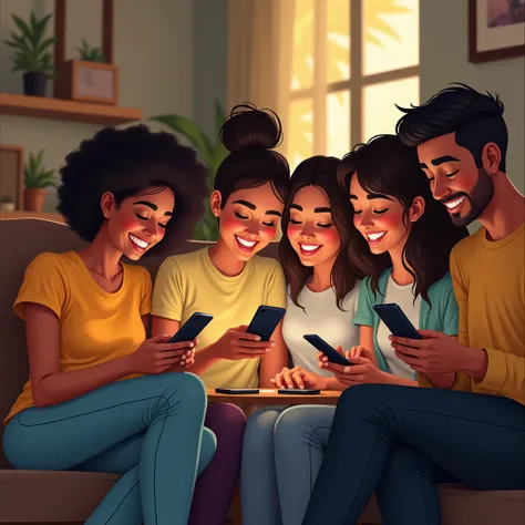 An image for the chat group profile where several people are sitting together and holding mobile phones and sending messages