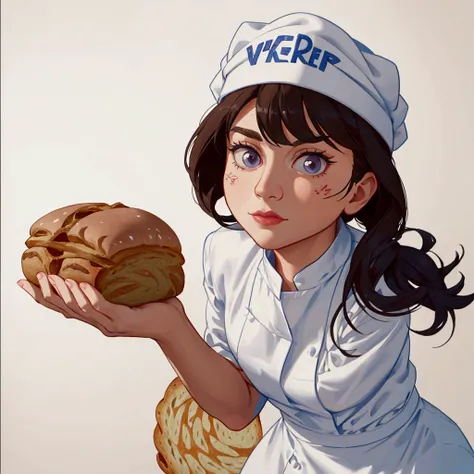 cartoon girl holding a loaf of bread in her hand, baking artwork, bread, dressed as a pastry chef, wearing white chef hat, advertising photo, 3156350975, cuisine, 33861569, fresh bakeries in the background, food commercial 4 k, strong pixar wheat bread war...