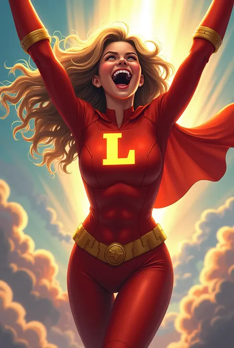  DRAWING OF A SUPER HERO GIRL WITH THE LETTER L ON HER CHEST SCREAMING WITH HAPPINESS

