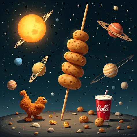 What solar system from space, where the sun is a kebab skewer and the planets are, situation, some potatoes, a coke, a fried chicken, a kebab and a white sauce