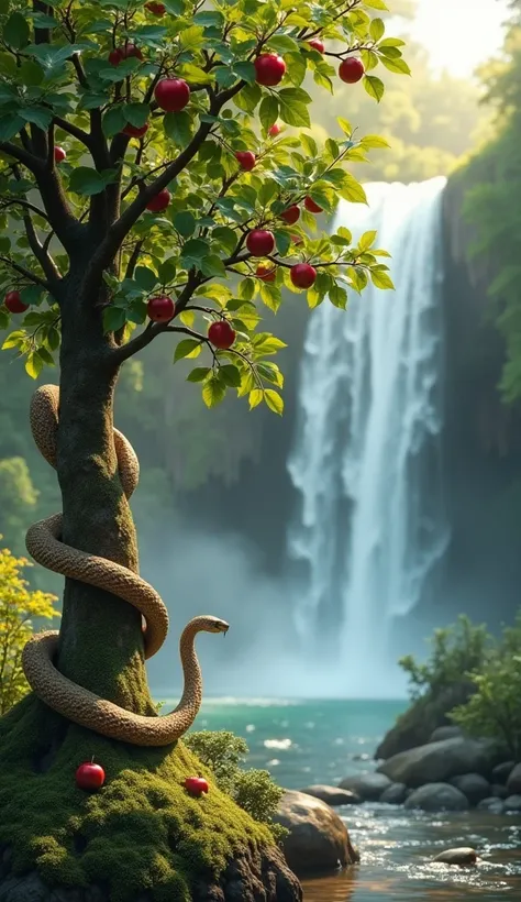 Create a realistic image in a paradise with a waterfall in the background, a tree full of small apples and a small snake wrapped in a branch of seeing Eve and Adam