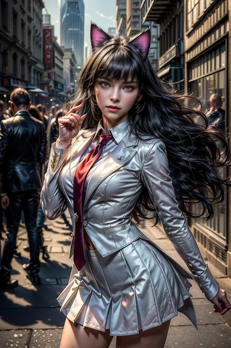 (masterpiece, best quality:1.2), solo, 1girl, cowboy shot, blake belladonna, expressionless, closed mouth, looking at viewer,  cat ears, formal, white suit, red necktie, white skirt, pointy footwear, standing in city, crowd, (masterpiece,stunning girlfrien...