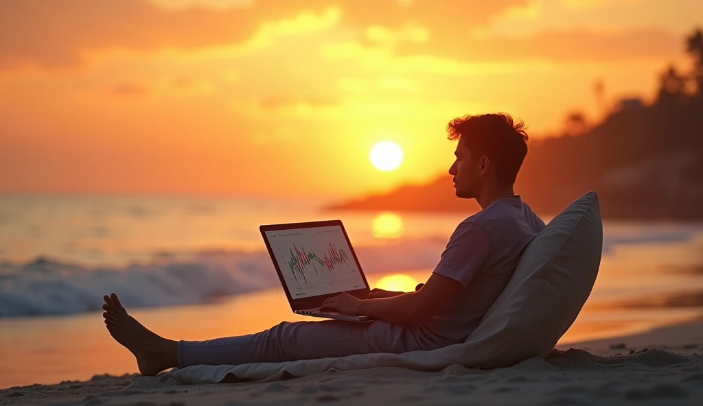 An image of a person relaxing on a beach with a laptop closed beside them, while in the background, a graph on a smartphone screen shows increasing profits. The sun sets, casting a golden glow over the scene, symbolizing freedom and financial growth withou...