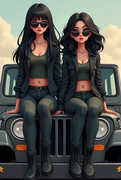 Two girls sitting on the hood of a gray jeep dressed the same, black jacket, military-style jeans, military boots, black sunglasses, one with straight black hair, fine features, and the other with wavy black hair, chubby cheeks and thick lips with Disney-s...