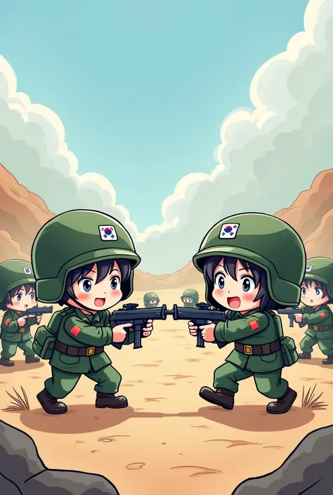 Korea invades Japan military anime chibi style add the Korean flag