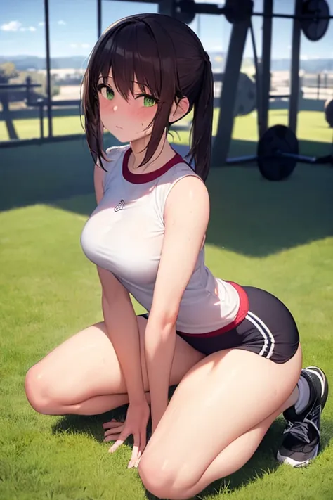 ((The best quality)), ((masterpiece)), (detailed),(4k), 1 girl,(with gym clothes) , ((on ones knees)),(by the ruby),(by the wide), (green eyes), (sweating), (20 years),( landscape of a gym), ((full body)), ((front view)), ((Looking at the viewer))