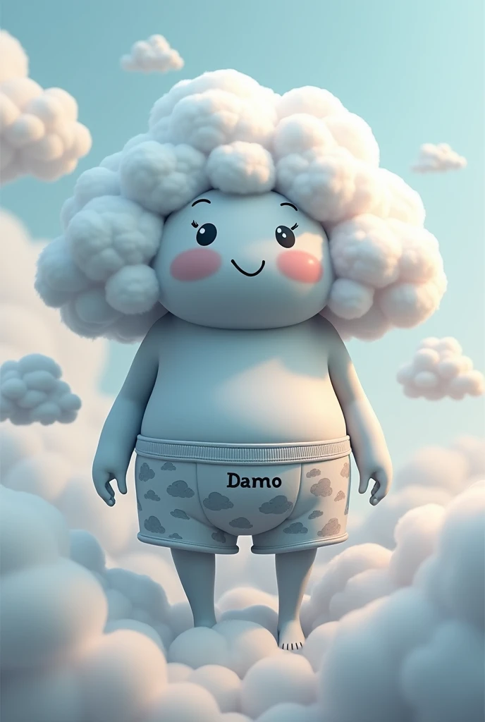 a cloud wearing boxer style briefs that say DAMO with grey clouds in the print