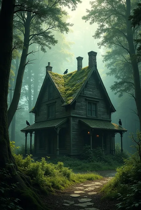 (Image Size 16:9) A High Quality Realistic Picture Of A  House In The Middle Of The Woods. It Has An Oldish Theme And Make The Image Uncanny.