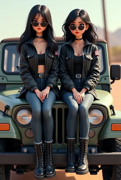 Two girls sitting on the hood of a gray jeep dressed the same, black jacket, military-style jeans, military boots, black sunglasses, one with straight black hair, fine features, the other girl with wavy hair, chubby cheeks and thick lips with a Disney-styl...