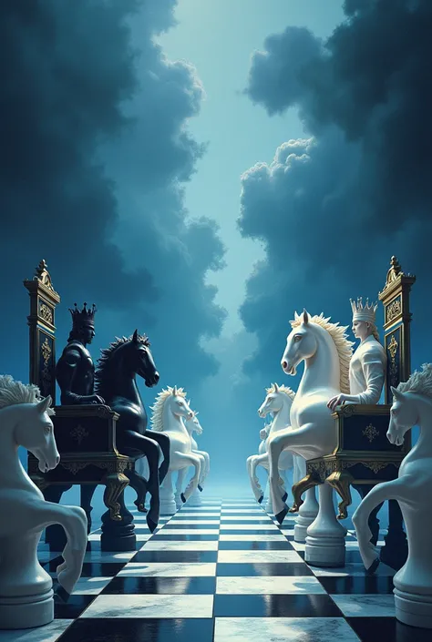 (festive shades:1.3), chess figures, blue sky, white and black chess figures, fantastic world chess, chess behind theizer, white and black figures, the white king, white queen, black king, black queen, chess white and black horses, the chessboard on it is ...