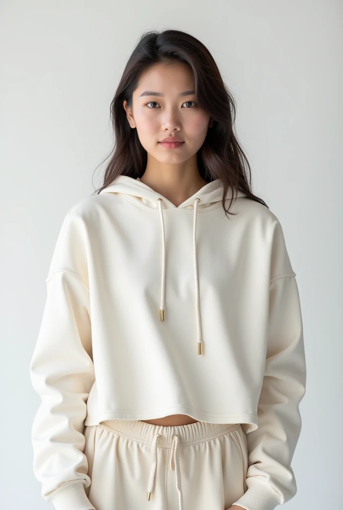 Cropped hoodie wearing  model standing infront of simple white background, half photo, front facing