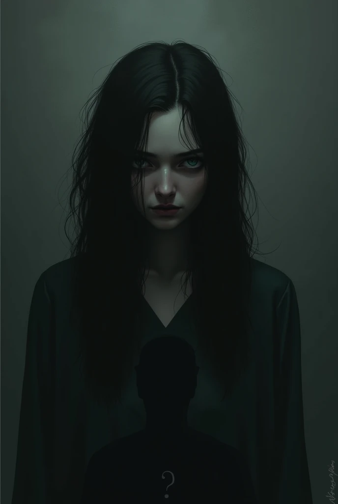 
I want you to create a dark template to create the characters with those roles.. First, the background should be dark in color. Then put a girl with a bitter face and a gloomy look. Or just a black silhouette with a question mark on its face.