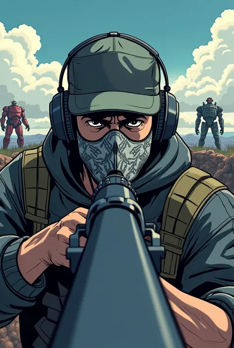 The punisher, in a sniper position, wearing a hat, mask and headphones, shooting robots, Style anime