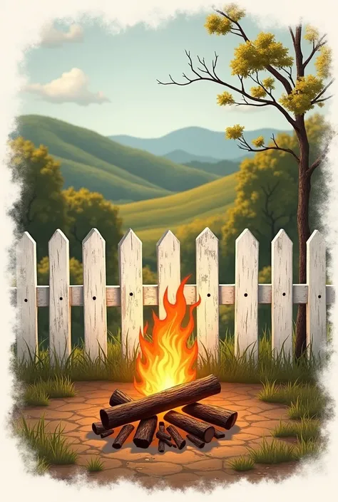 I would like to create an art to make a fridge magnet, that has a white fence, wood fire and in the background a landscape of hills, trees and. Somewhere written reference to the location " Itapeva -MG"