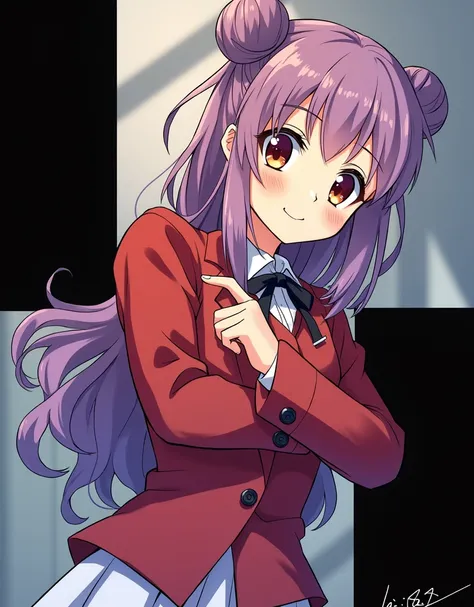 Akane is a teenage girl of average height with purple hair that is tied in two buns with bangs hanging over her eyebrows and peach-brown eyes. Faça no estilo anime 