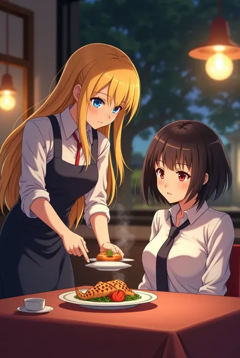 An 18-year-old anime girl with long yellow hair and blue eyes works as a waitress in restaurants and serves a grilled chicken dish to an 1 girl with short black hair and red eyes with sharp and serious features wearing a white shirt and a black tie as she ...