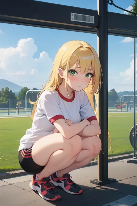 ((The best quality)), ((masterpiece)), (detailed),(4k), 1 girl,(with gym clothes) , ((on ones knees)),(Blonde hair),(by the wide), (green eyes), (sweating), (20 years),( landscape of a gym), ((full body)), ((front view)), ((Looking at the viewer))