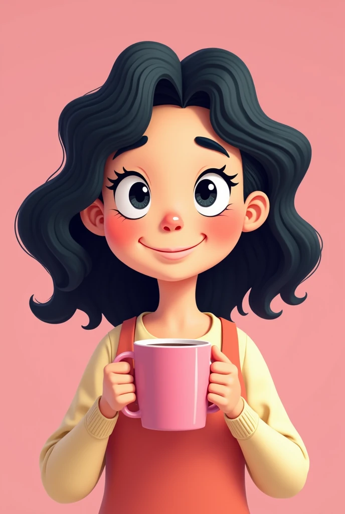 create a midsize woman from the front in cartoon with black hair with a pink mug in her hand with a pink background 
