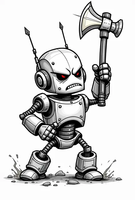 A black and white cartoon of a very short and angry robot holding a glowing axe