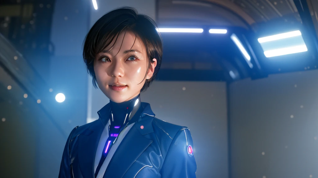 A Japanese businesswoman with short hair, wearing a futuristic business suit, fighting against AI forces in a sci-fi world. Her expression is stern but with a slight smile, showing strength and confidence."