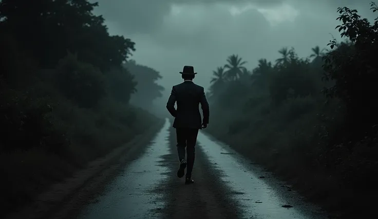 A black man running down a dirt road at night in rainy Liberia, Africa, 1930s. The man is very well dressed with a cap on, his back to the camera..