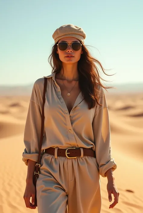 ((Best quality)), ((masterpiece)), ((realistic)), ((Best quality)), ((masterpiece)), ((realistic)), Girl walking in desert, looking tired, wearing Loose-fitting clothing Long-sleeved shirts and pants, Headgear, Sunglasses, very beautiful, in a natural and ...