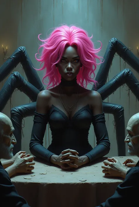 Black woman with pink hair and spider legs sitting at a table surrounded by puppet men she controls 