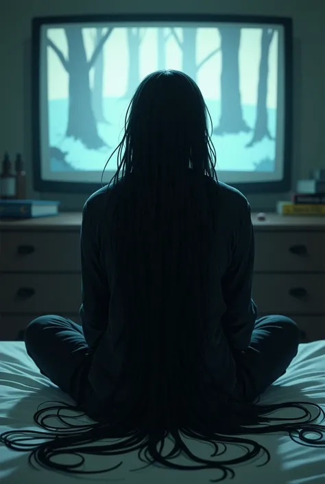  male character with long black hair covering his entire face with head down sitting on the bed watching cartoon black clothes emo style