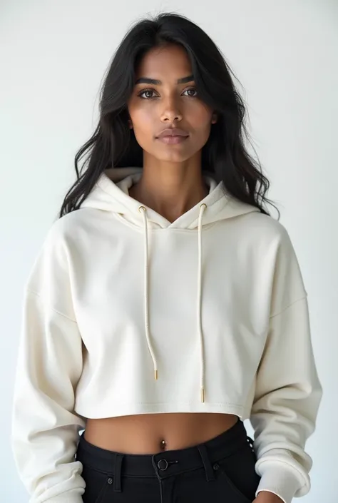 Super Cropped hoodie wearing indian model standing infront of simple white background, half photo, front facing