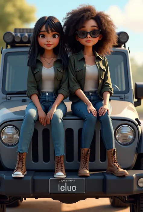 Two girls sitting on the hood of a gray jeep dressed the same in a black jacket, military-style jeans, military boots, black sunglasses, one with straight black hair, fine features, the other girl with curly hair, chubby cheeks and thick lips with a Disney...