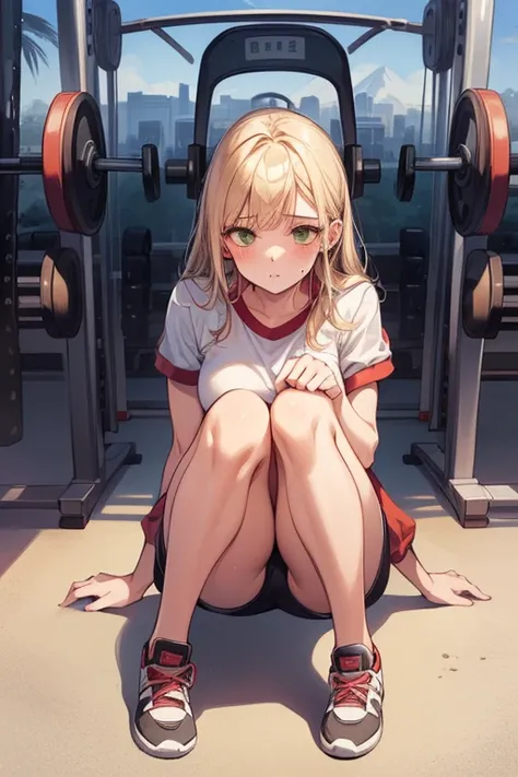 ((The best quality)), ((masterpiece)), (detailed),(4k), 1 girl,(with gym clothes) , ((on ones knees)),(Blonde hair),(by the wide), (green eyes), (sweating), (20 years),( landscape of a gym), ((full body)), ((front view)), ((Looking at the viewer))