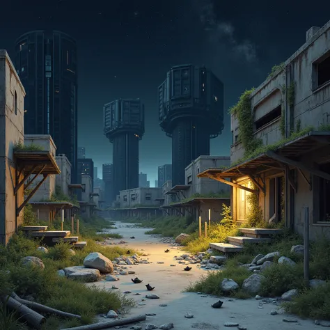 the city of sci-fi cyberpunk after the war,damaged high towers, lots of green spaces, small animals, ((post-apocalypse))