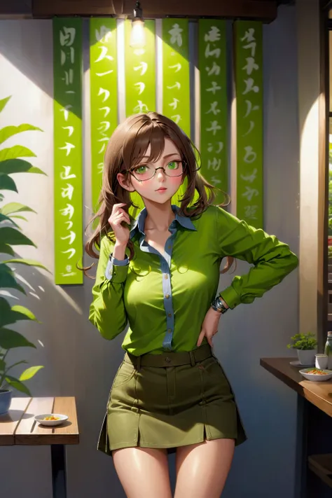 realistic anime illustration of pretty woman at Japanese restaurant, japanese foods on table, she is in brown hair (+eyeglasses), wears blue gray  long sleeve collared shirt, lime-green denim cargo pencil skirt, (1girl, solo, full body), (masterpiece, best...